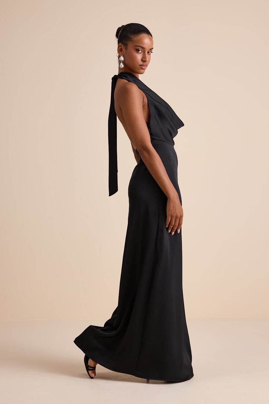 NWT Lulus Carmelo Black Satin Halter Neck Backless Maxi Dress Holiday Party Sz S